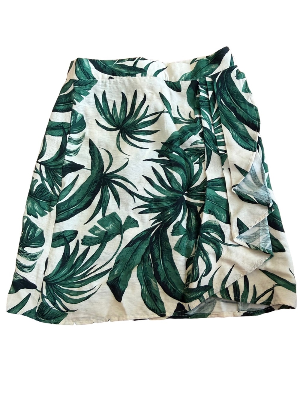 H&M Tropical Palm Leaf Wrap Mini Skirt US 2 Green Botanical Ruffle Vacation
